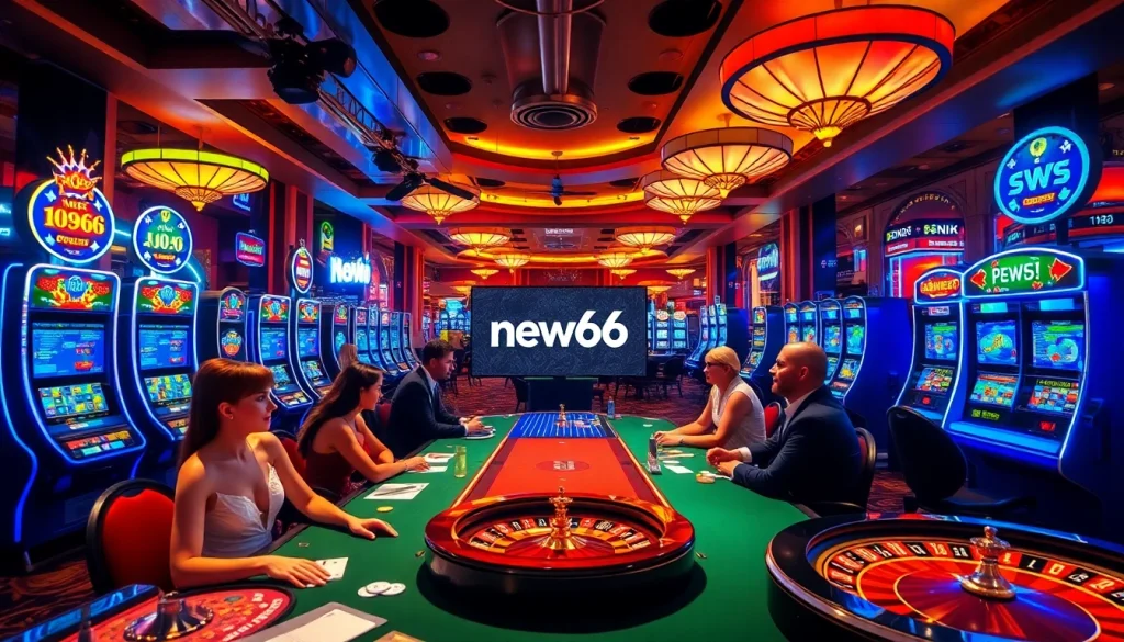Experience vibrant gaming excitement at new66 with luxurious casino tables and slot machines.
