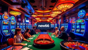 Experience vibrant gaming excitement at new66 with luxurious casino tables and slot machines.
