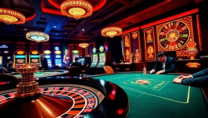 Exciting gambling scene at a casino showcasing the thrills of 32win com with roulette, poker players, and slot machines.