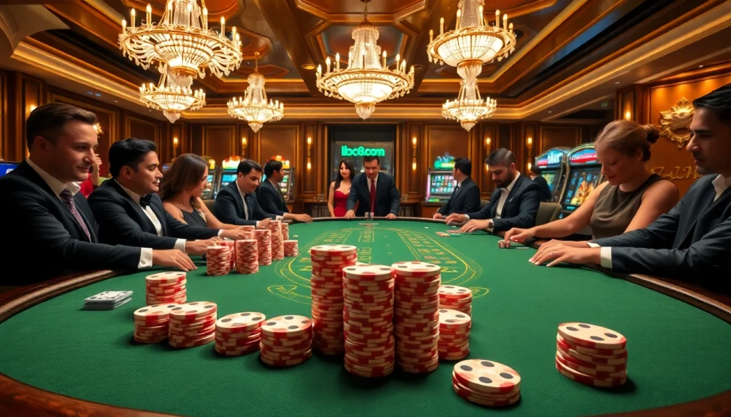 Players immerse in a thrilling poker game at lc88.com, showcasing luxury and strategic gambling.
