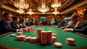 Players immerse in a thrilling poker game at lc88.com, showcasing luxury and strategic gambling.