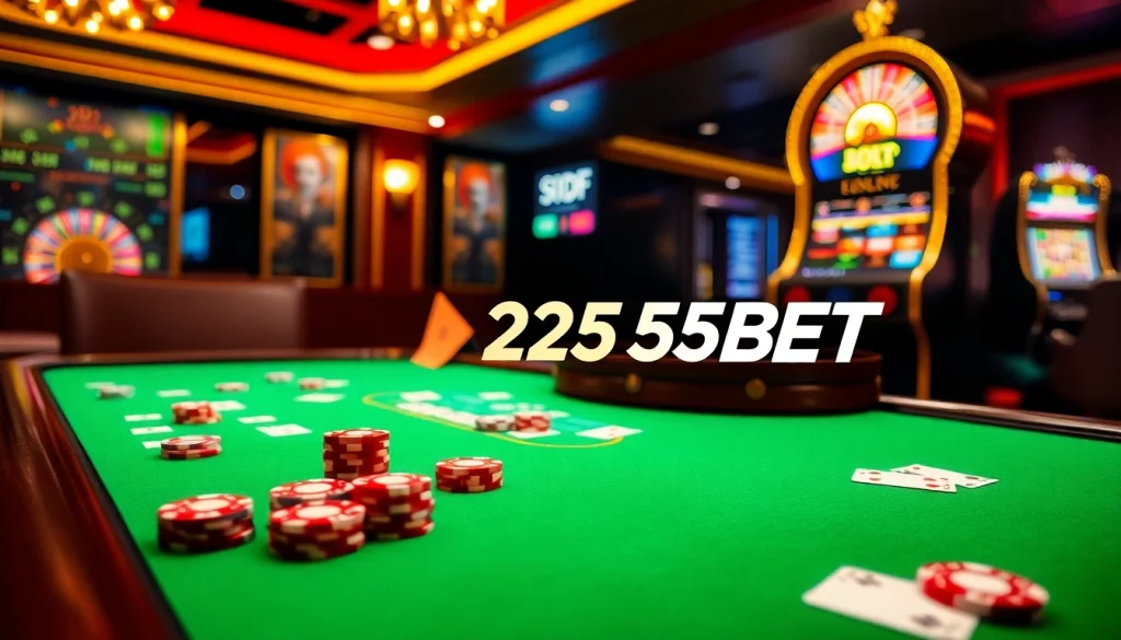 The thrilling ambiance of a casino featuring 255BET logo with cards, chips, and a roulette wheel.