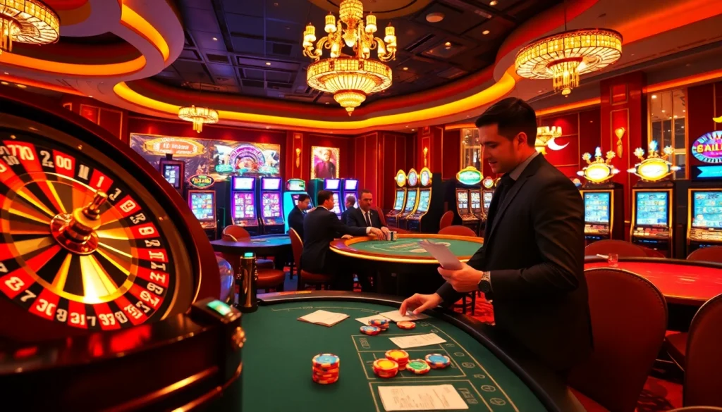 Exciting mm88 casino scene featuring roulette, poker tables, and vibrant slot machines.
