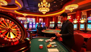 Exciting mm88 casino scene featuring roulette, poker tables, and vibrant slot machines.