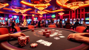 Players enjoying a lively poker game at DU388 casino, highlighting excitement and professional atmosphere.