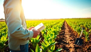 Farmer assessing crop health under agricultural law in a vibrant field.
