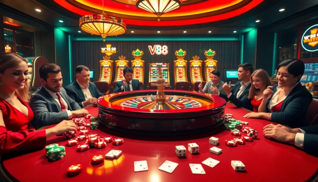 Players enjoying a thrilling roulette game at Vb88 casino, surrounded by vibrant gaming elements.