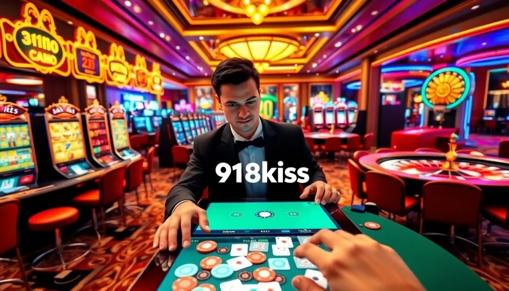 Experience the excitement of 918kiss with vibrant casino visuals of chips and gameplay.
