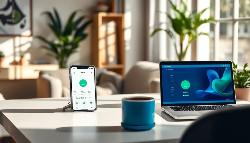 快连下载 application showcased on modern devices in a cozy home office environment.