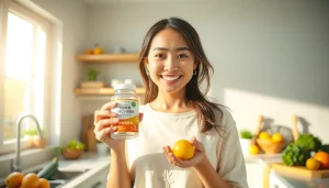 新鮮な野菜に囲まれた日差しのあるキッチンで、葉酸サプリを嬉しそうに持つ女性