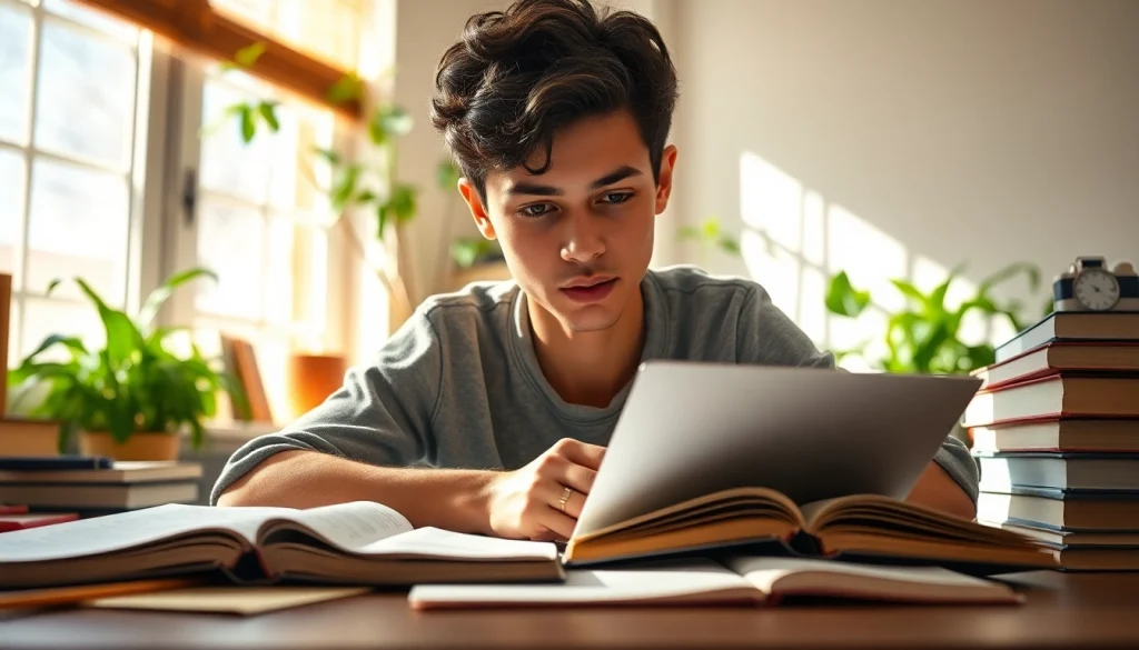 Determined student focused on writing their lucrare licenta with academic resources around.