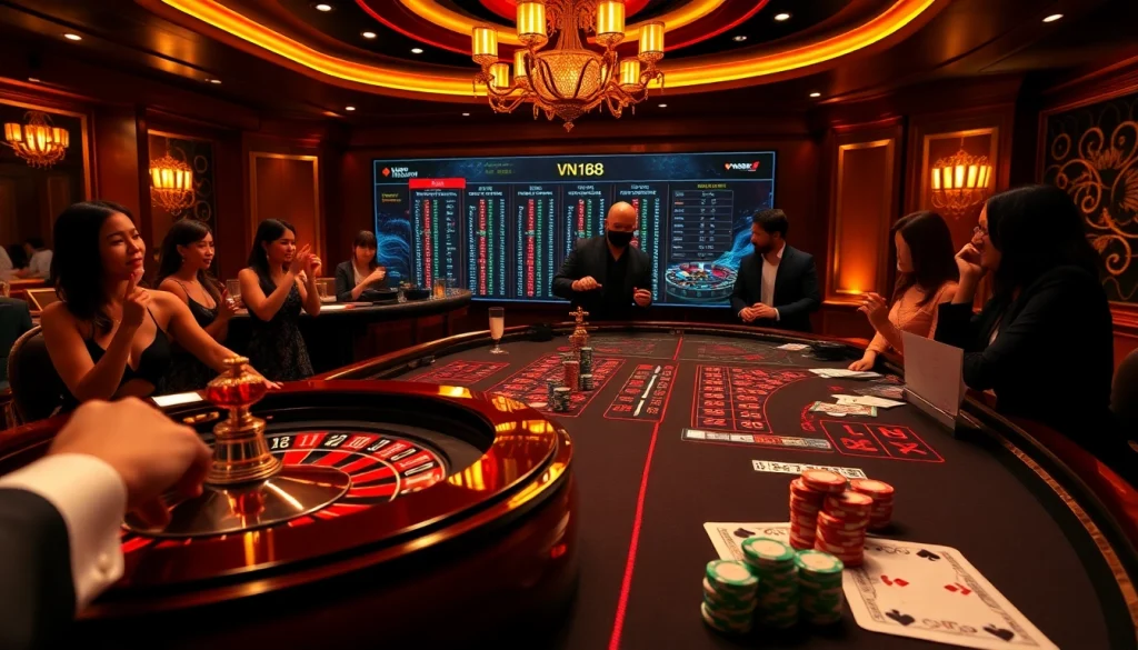 Experience the thrill of gambling at VN168 with vibrant casino tables, poker chips, and excited players.