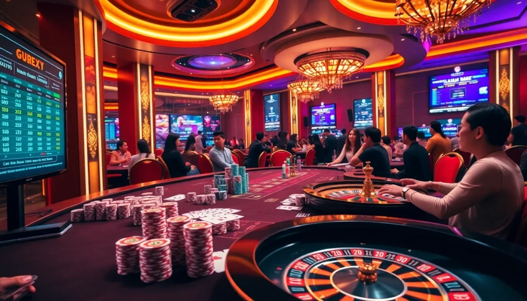 GG88 players enjoying an exciting gaming atmosphere with poker chips and a roulette wheel.