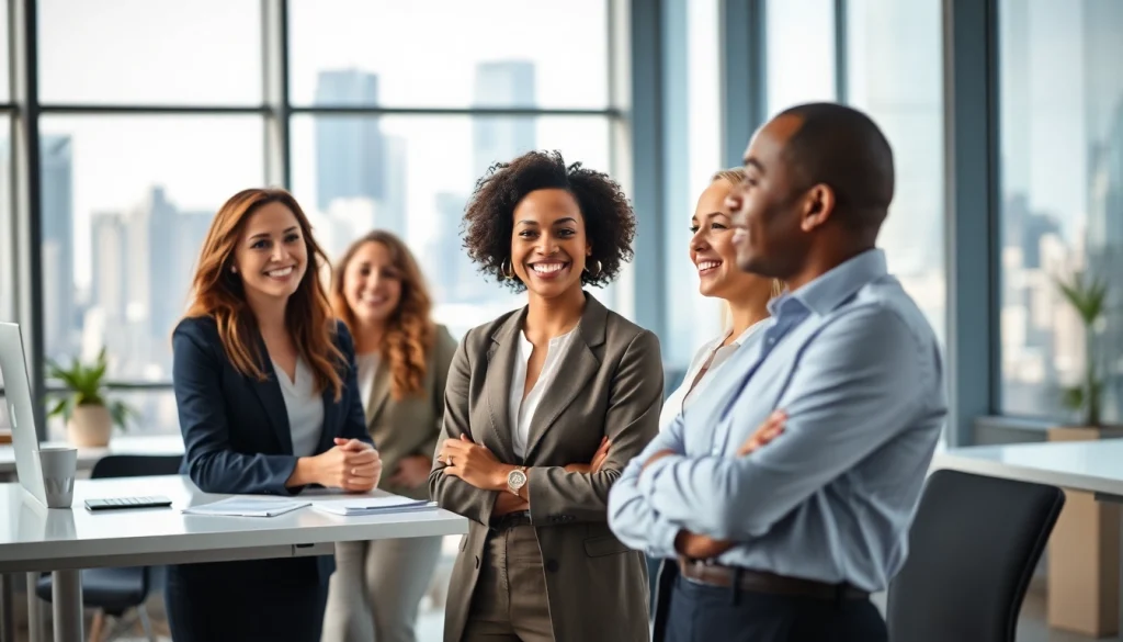 Real Estate agents collaborating in a vibrant office, highlighting teamwork and professionalism.