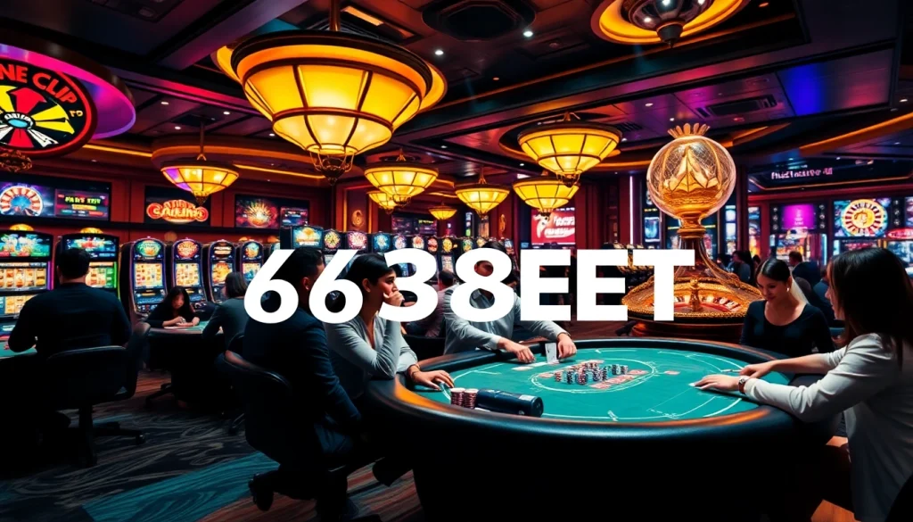 368BET players enjoying a thrilling moment at a luxury casino table surrounded by vibrant slot machines.