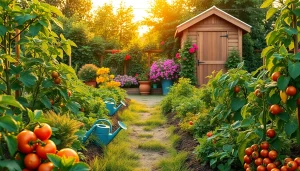 Engaging gardening scene showcasing vibrant plants and tools in a flourishing vegetable garden.