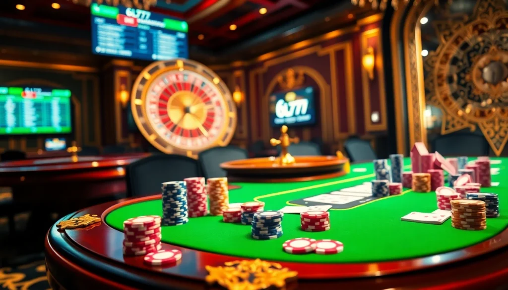 Experience a thrilling game at 6L777 with colorful poker chips and vibrant casino tables.