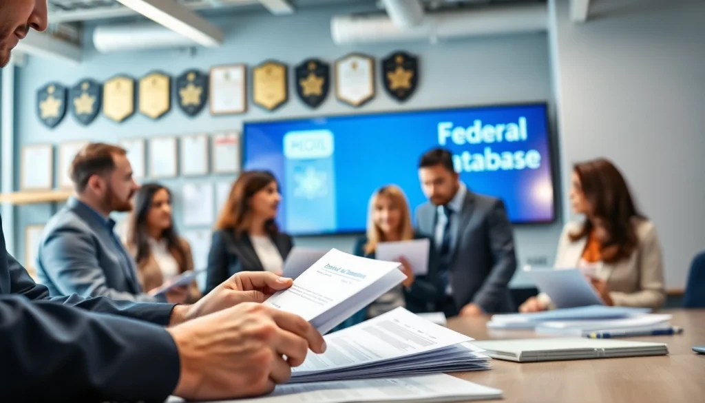 Facilitating registration and certification in Federal databases through collaborative discussions in a modern office.