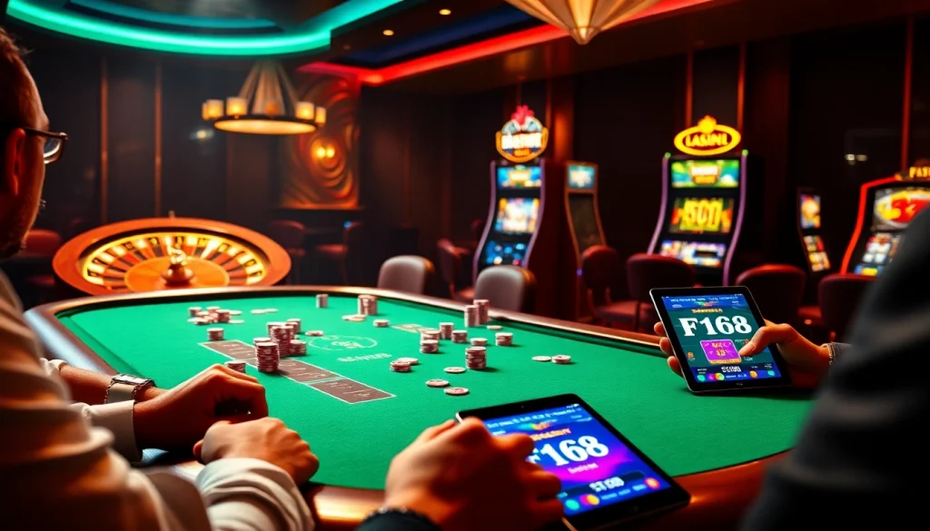 Players strategizing at F168 table games in an upscale casino atmosphere.