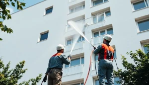 Profesionalno čiščenje fasade v akciji, osredotočeno na postopek čiščenja fasade ter prikaz naprednih tehnik.