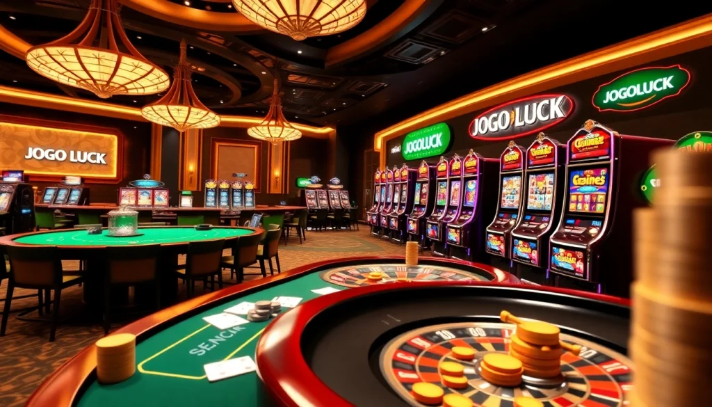 Experience the thrill of JOGOLUCK with a vibrant online gambling scene filled with tables, slots, and poker chips.