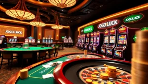 Experience the thrill of JOGOLUCK with a vibrant online gambling scene filled with tables, slots, and poker chips.