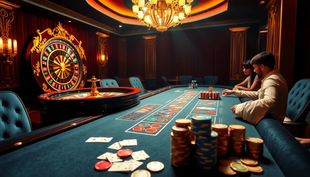 Experience the thrill of RAJABARONG at a luxurious casino table with roulette wheels and poker chips.
