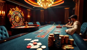 Experience the thrill of RAJABARONG at a luxurious casino table with roulette wheels and poker chips.