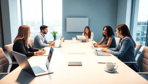 Business professionals collaborating in a modern workspace for innovative solutions.