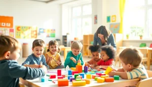 Children at https://juniorsjunction.com engaging in playful learning activities under a caring teacher's guidance.