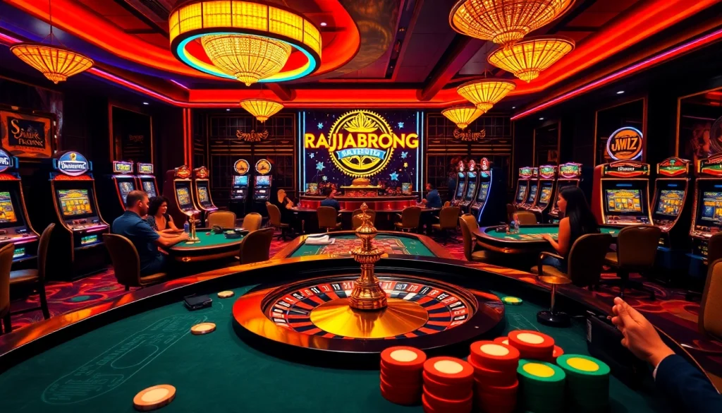 Engaging gamblers at a vibrant casino featuring RAJABARONG's themed slot machines and poker tables.