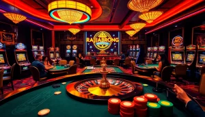 Engaging gamblers at a vibrant casino featuring RAJABARONG's themed slot machines and poker tables.