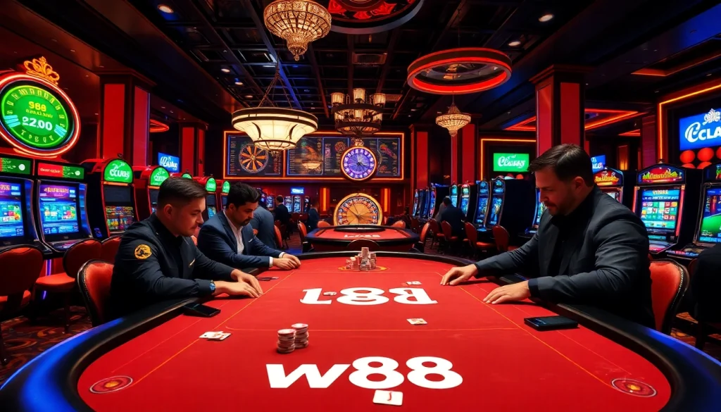 Engaging scene of players at a w88 poker table in a luxurious casino setting, showcasing excitement.