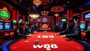 Engaging scene of players at a w88 poker table in a luxurious casino setting, showcasing excitement.