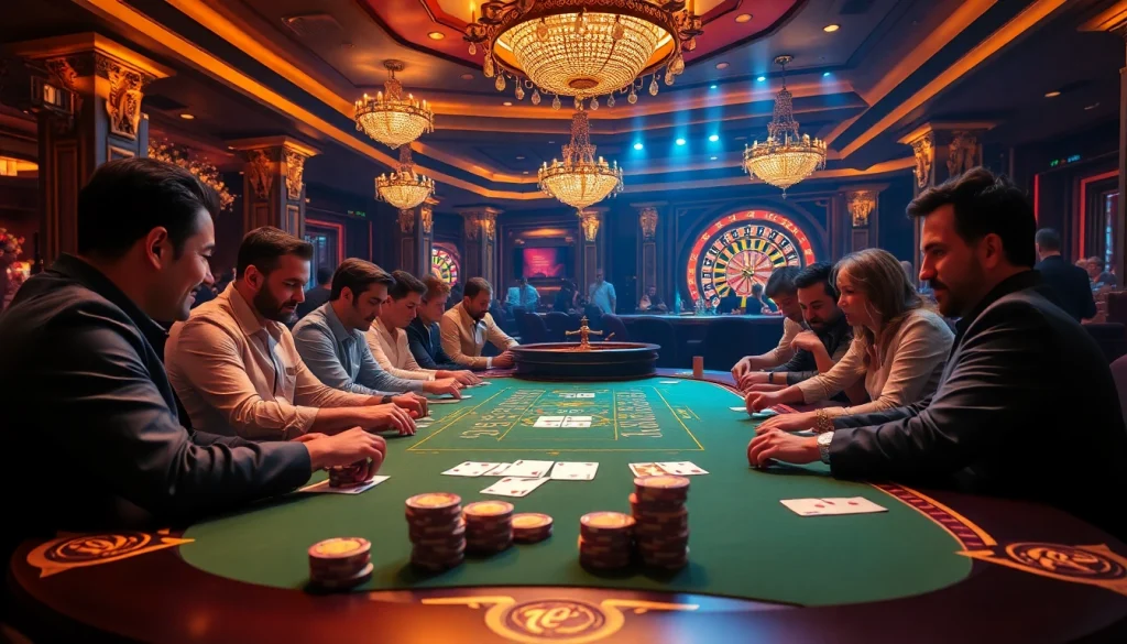 Players strategizing for a win55 at an extravagant poker table in a luxurious casino.