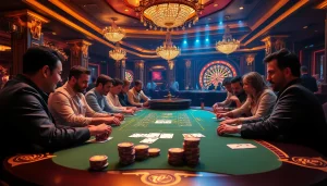 Players strategizing for a win55 at an extravagant poker table in a luxurious casino.