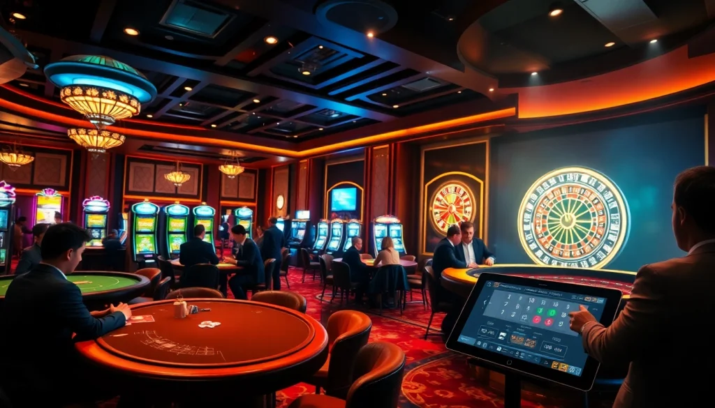 Players enjoying thrilling action at nhà cái 8kbet casino tables with vibrant slot machines.