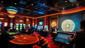 Players enjoying thrilling action at nhà cái 8kbet casino tables with vibrant slot machines.