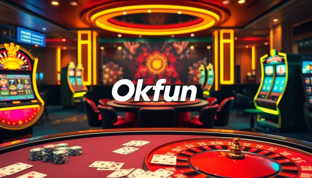 Engage with Okfun at a vibrant casino featuring a thrilling poker table, colorful chips, and roulette.