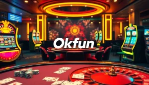 Engage with Okfun at a vibrant casino featuring a thrilling poker table, colorful chips, and roulette.