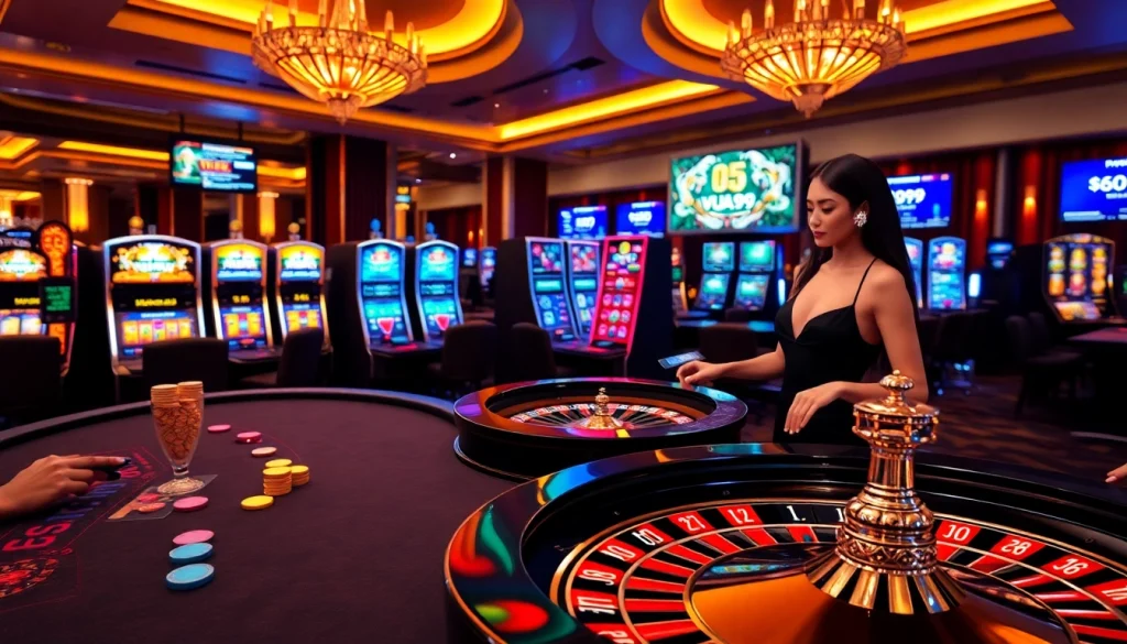 A dynamic gaming scene featuring the keyword 'vua99' as players engage in thrilling table games and slots.