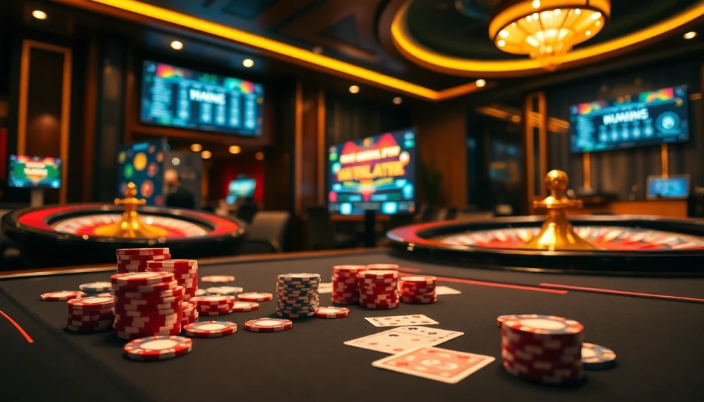 Betting excitement at a luxurious casino featuring Vmax 68 with poker chips and roulette wheel.