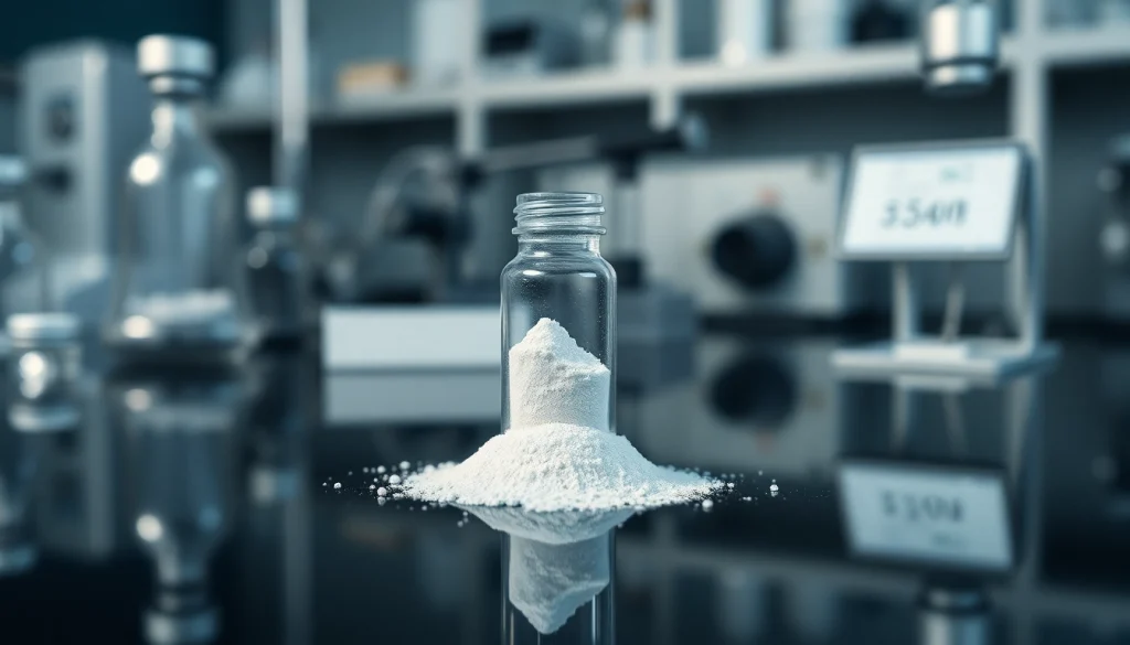 Examine antimony powder in a lab vial on a reflective surface, showcasing its lustrous texture and scientific environment.
