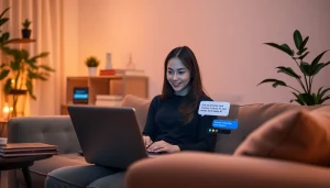Engaging moment of AI sex chat in a cozy, modern room with a lifelike chatbot.