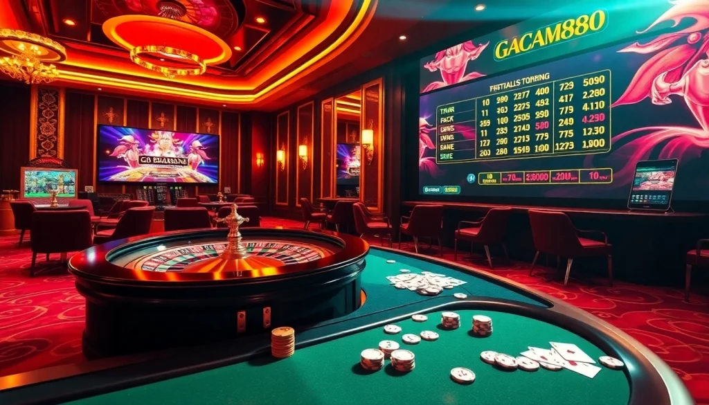 Exciting gambling action at GACAM888 showcasing poker chips and roulette.