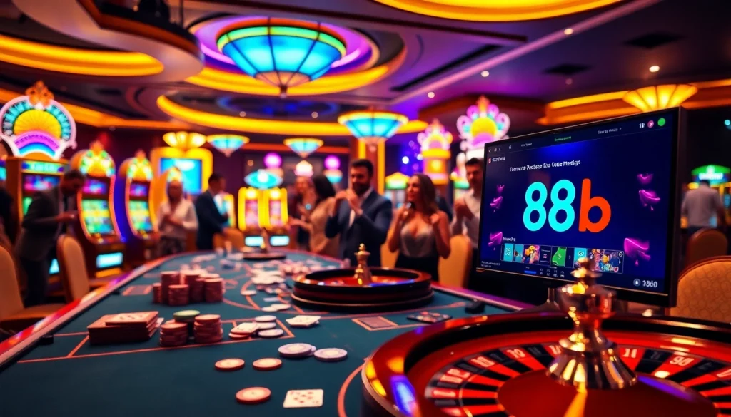 Experience the excitement of game 888b at a vibrant casino table with engaging players and dynamic visuals.