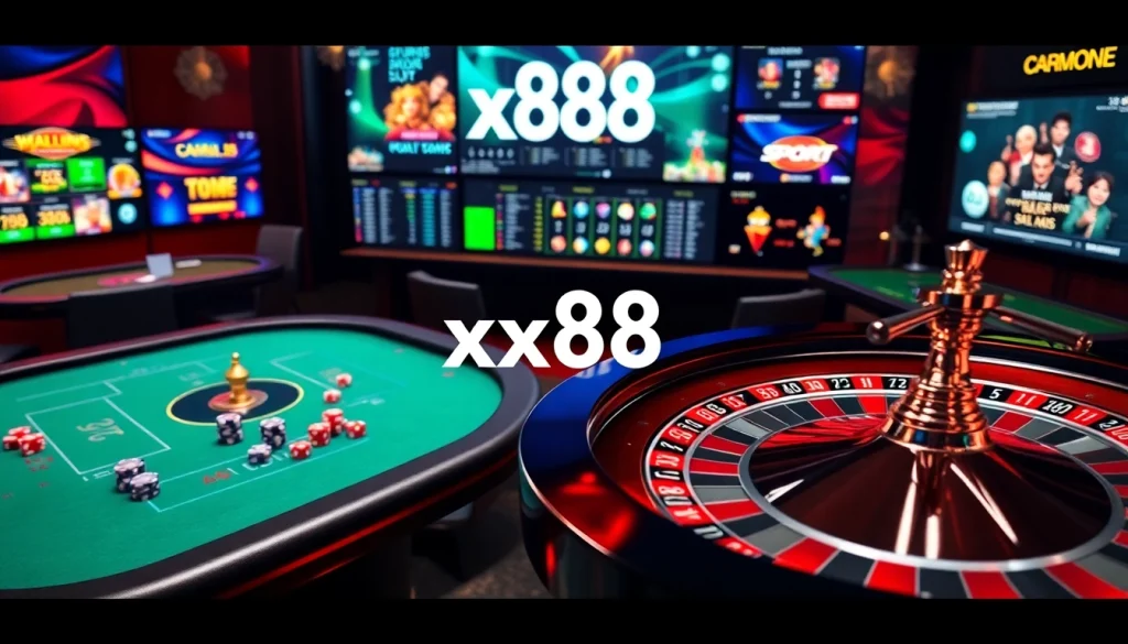 Experience high-stakes action with xx88 casino gaming, featuring vibrant roulette and poker tables.