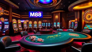 M88 casino players enjoying dynamic blackjack action with colorful chips and vibrant machines.