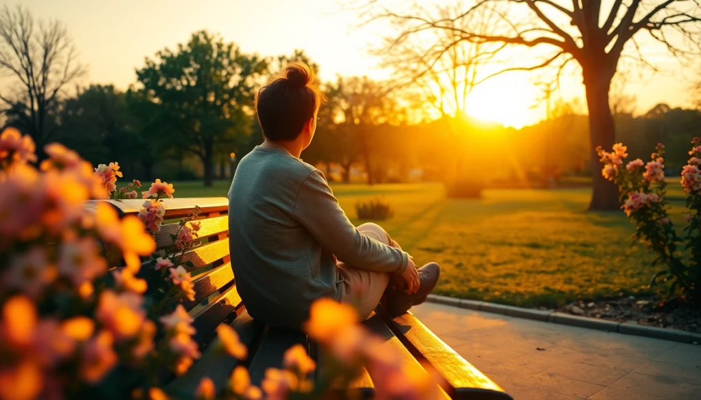 Experience serenity with Life in a Break Down, as a person reflects in a tranquil park setting.