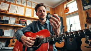 Guitarist showcasing techniques with guitar at https://guitarlessons.co.uk in a bright music studio.